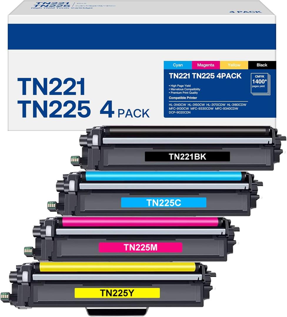 TN221 TN225 Toner Cartridge High Yield Replacement for Brother TN-221 TN-225 Compatible with MFC-9130CW HL-3170CDW MFC-9340cdw (1B, 1C, 1M, 1Y, 4 Pack)
