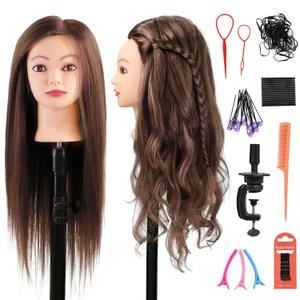 Mannequin Head with Hair 80% Human Hair Doll Head 26"-28" Hairdresser Practice Training Head Cosmetology Manikin with 9 Tools and Clamp - #4 Brown