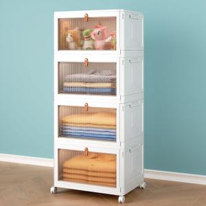 4 Tier Storage Bins with Lids, 23QT Stackable Closet Organizers and Storage with Wheels, Collapsible Storage Boxes, Foldable Plastic Storage Containers for Home,Office, Dorm Room (White)