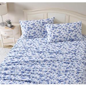 Laura Ashley Home - King Sheets, Cotton Flannel Bedding Set, Brushed for Extra Softness & Comfort (Paisley Prance, King) , Full, Emelisa Blue/White 