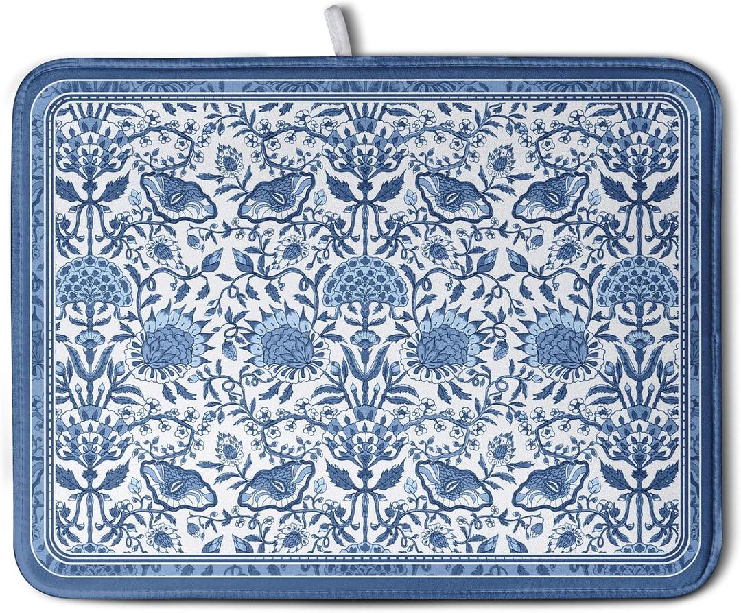 Blue Floral Dish Drying Mat for Kitchen Counter Boho Flowers Dishes Drainer Mats Rustic Farmhouse Microfiber Absorbent Dish Draining Spring Summer Reversible Dish Rack Pad Large 18x24 Inch