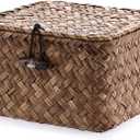 Hipiwe Seagrass Basket with Lid Wicker Storage Basket Square Handwoven Decorative Baskets Box for Shelf Multipurpose Household Baskets Home Decor,X-small (Coffee)