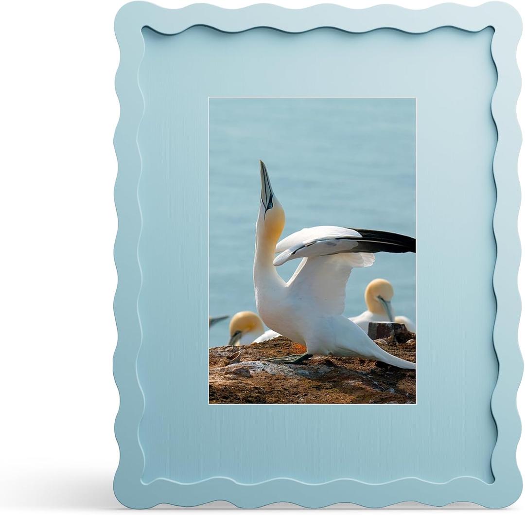 8x10 Picture Frame with Mat for 5x7, Wavy Edge Wooden Real Glass Photo Frame for Tabletop and Wall Hanging, Blue, 1 Pack