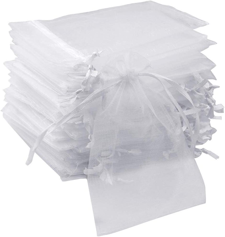 50pcs Organza Bags-Mix Color 3.54''x4.33''(9x11cm) Satin Drawstring Organza Pouch Wedding Party Favor Gift Bag Jewelry Watch Bags (White)
