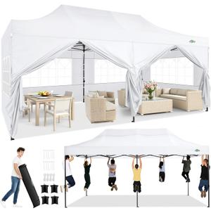 COBIZI 10x20 Heavy Duty Pop Up Canopy Tent with 6 Sidewalls Thicken Frame, Commercial Easy Up Outdoor Wedding Party Tents, All Season Waterproof Windproof with Stakes Sandbags Ropes Roller Bag, White