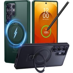 CASEKOO World's First 3-in-1 Magnetic Ring Stand for Samsung Galaxy S25 Ultra case | Patented Design, 16FT Military Drop Protection, Magsafe Compatible | Slim Matte Translucent Cover 6.9" 2025, Green