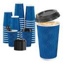 SIUQ 16 oz Coffee Cups-90 Pack Disposable Coffee Cups with Lids and Straws, Insulated Ripple Wall To Go Paper Coffee Cup for Coffee, Hot Chocolate and Hot Tea Drinks - Navy