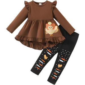 Little Girl Thanksgiving Outfit Turkey Shirt Dress Top+ Tights Pants 3-8 Years (6-7 Years)