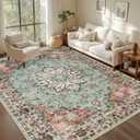 5x7 Area Rugs Living Room: Washable Rug for Bedroom Brown Green | Boho No Slip Stain Resistant Rug Soft Indoor Decor Floor Floral 5x7 Area Rugs for Dining Room, Nursery, Hallway, Home Office