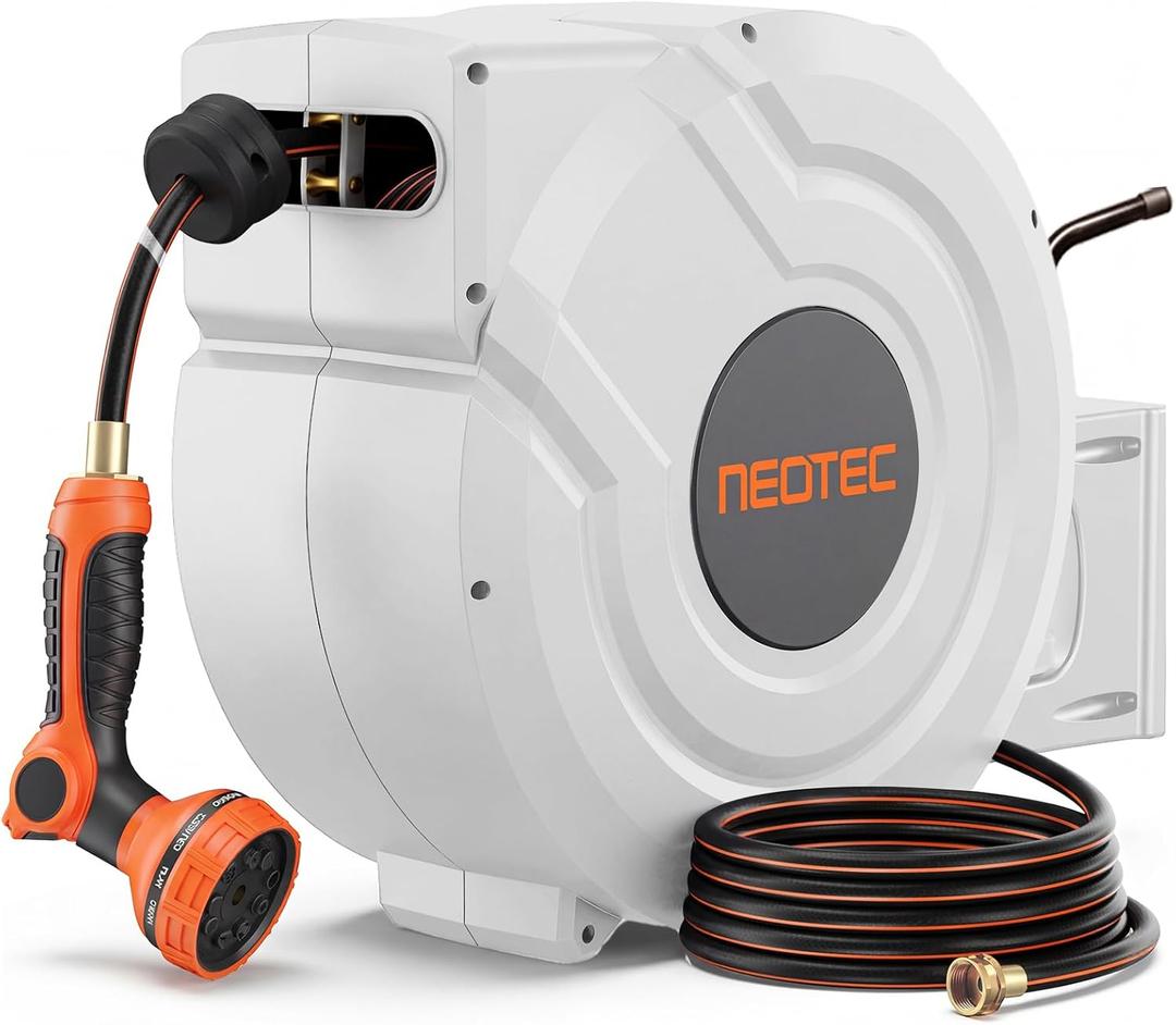 NEOTEC 115ft 5/8" Retractable Garden Hose Reel with Auto Rewind Any Length Lock Heavy Duty Hose Reel,9-Pattern Nozzle,180Swivel,UV Resistant Wall Mount Hose Reel for Outdoor Garden, Car, Patio