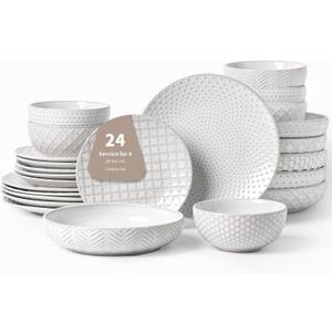 24-Piece Ceramic Dinnerware Set,Large Plates and Bowls Set for 6,Elegant Dish Set for Families & EntertainingMicrowave & Dishwasher Safe Tableware (Double Bowl) (Mixed Embossment)