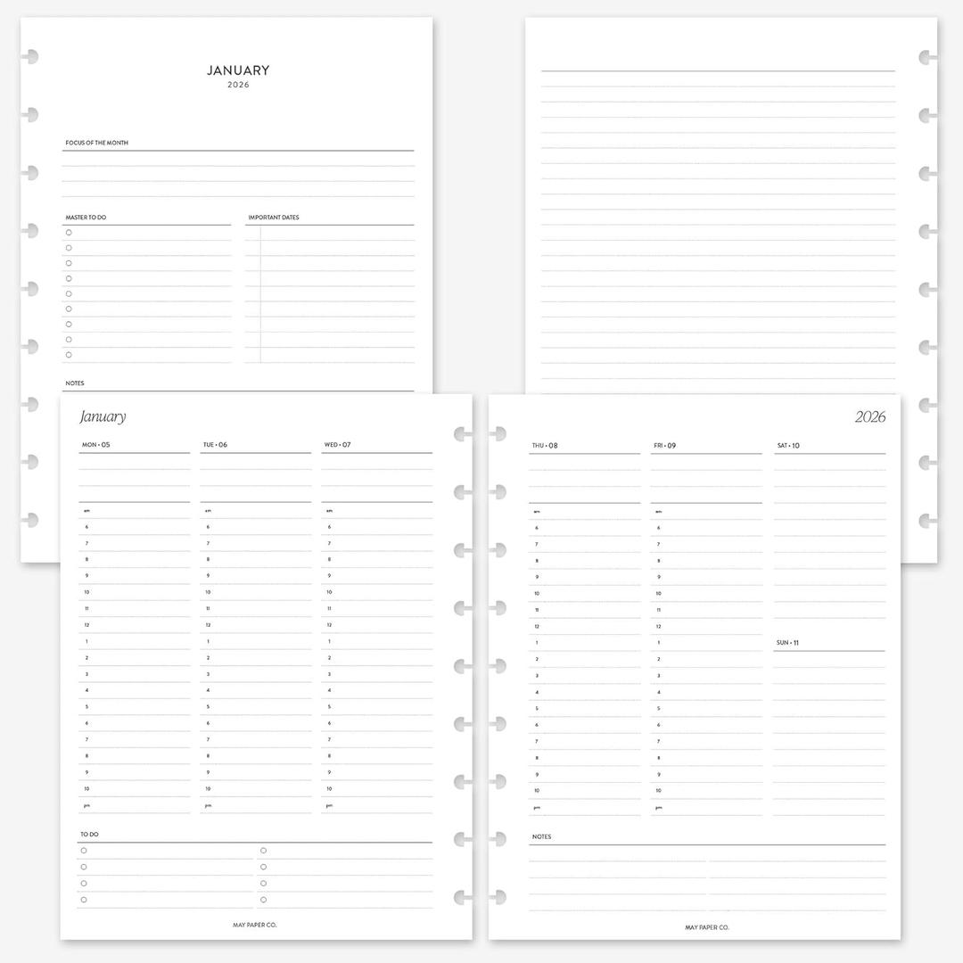 MAY PAPER CO. 2026 Classic Happy Planner Week on Two Pages Weekly Planner Insert Agenda Refill for 9-Discs Classic HP Notebook 7 x 9.25 (Vertical Hourly)