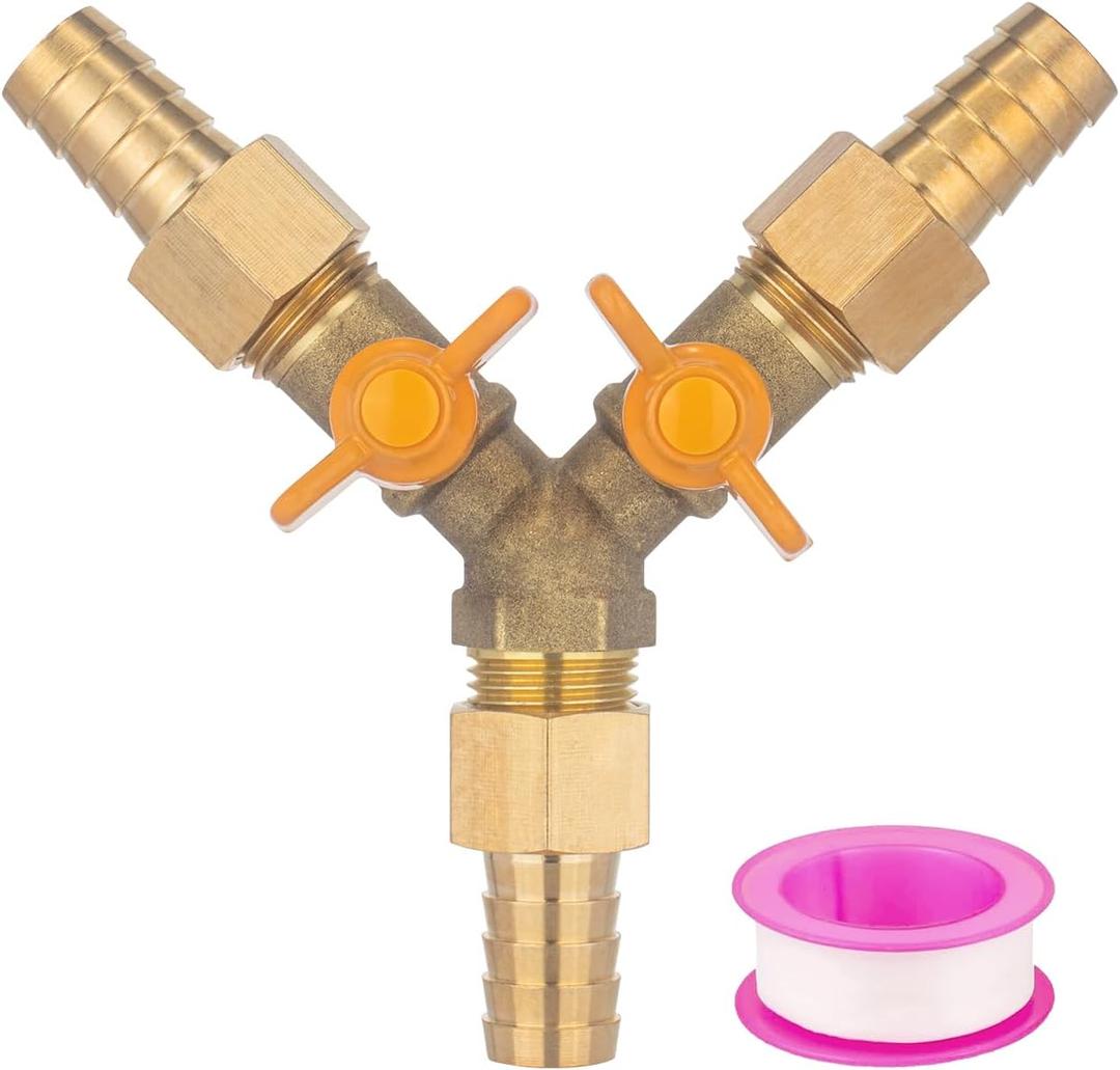 2 x Brass 3 Way Shut Off Ball Valve, 5/16" Hose Barb Y Shaped Ball Valve for Tubing Fuel Gas Water Propane, With 3 Hose Clamps