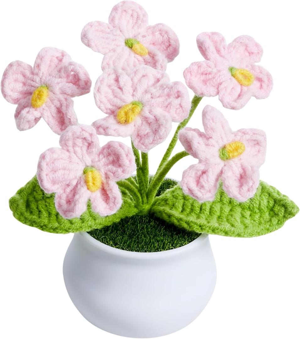 Crochet Flowers Cute Light Pink Handmade Knitted Potted Flower Gifts for Women Teacher Coworkers Birthday Anniversary Valentines Decorationsfor Car Dashboard Home Room Office Desk Plants Decor