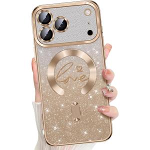 Misscase Magnetic Glitter Case for iPhone 17 Pro Max,Gradient Love Hearts Plating Phone Case Compatible with MagSafe,Built-in Camera Lens Protector,Cute Full Cover Protection Case for Women-Gold