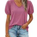 Cicy Bell Womens Puff Short Sleeve T-Shirts V Neck Summer Casual Pleated Tops Loose Fit Curved Hem Tees Dusty Rose, Small