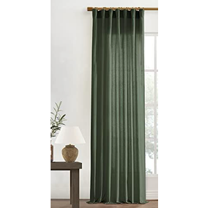 XTMYI 102 Inch Length Olive Green Sheer Linen Curtains 1 Panel,Hook Belt Pleated Back Tab Cotton Polyester Blend Light Filtering Semi Sheer Curtain Drapes for Living Room Bedroom,50x102 in Long