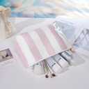 Large PVC Waterproof Striped Makeup Bag,Clear Coated Cosmetic Bags,Easy to Clean,Travel Organizer Zipper Pouch Beach Vacation Essentials for Women Girls(01Pink)