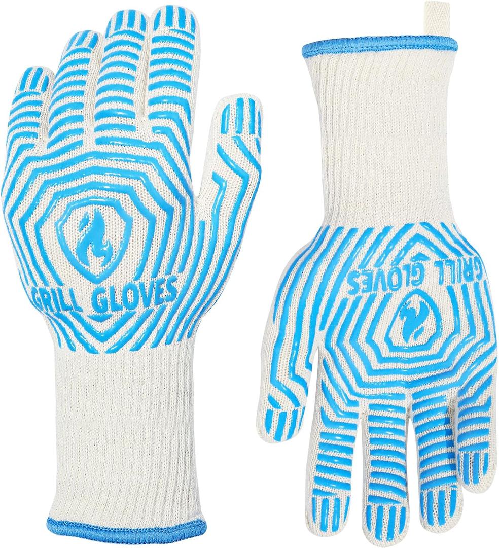 QUWIN BBQ Gloves, Oven Gloves 1472 Extreme Heat Resistant, Grilling Gloves Silicone Non-Slip Oven Mitts, Kitchen Gloves for BBQ, Grilling, Cooking, Baking-1 Pair (Blue, One Size(Long Cuff))