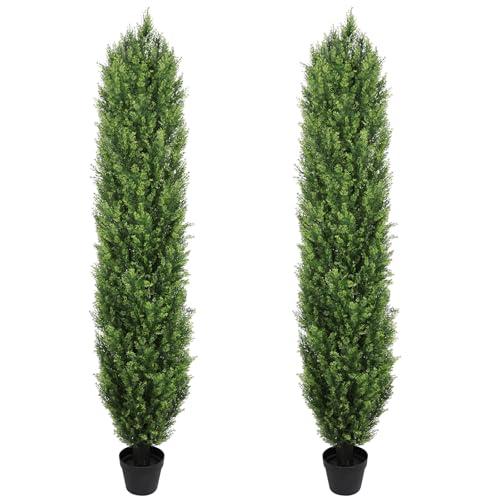 THE BLOOM TIMES Artificial Topiary Cedar Trees Outdoor 6FT Tall 2 Set, Realistic Faux Pine Cypress Shrubs Bushes, UV Resistant Large Fake Evergreen Plants for Front Porch Outside Planter Decor 6 Foot
