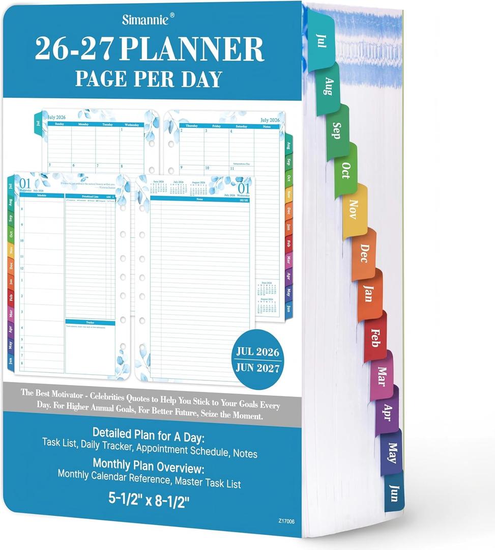 2026-2027 Planner Refills  July 2026 - June 2027, Daily Planner Refills 2026-2027, Two Pages Per Day Daily & Monthly Planner Inserts, 8.38" x 5.51", Ring-Bound with Tabs