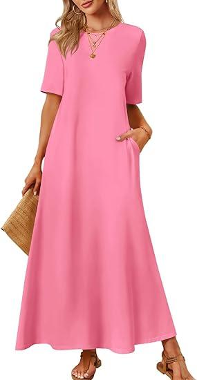 MEROKEETY Summer Maxi Dresses for Women 2026 Vacation Spring Casual Short Sleeve Basic Long T-Shirt Dress Pockets (Small, Dusty Pink)