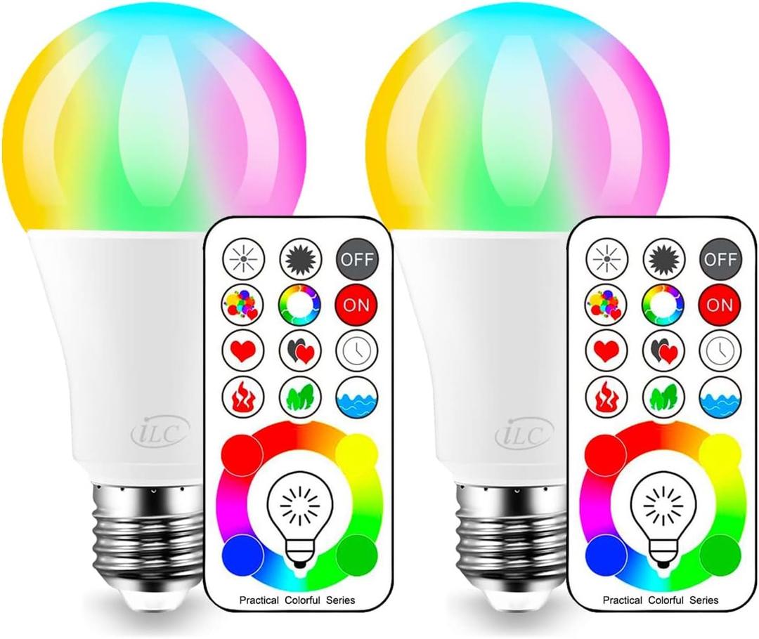 ILC LED Color Changing Light Bulb, 120 Colors, 5700K Daylight White, 70 Watt Equivalent with Remote Control RGBW RGB Daylight and White  Timing Function - A19 E26 Edison Screw (2 Pack)