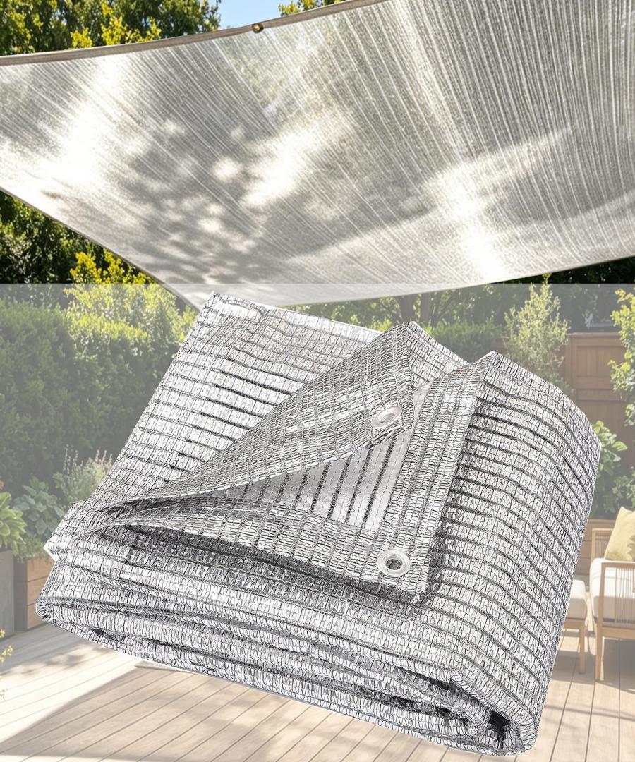 65% Aluminum Foil Shade Cloth with Grommets,8ft x 8ft, Mesh Sun Block Fabric Cover, Canopy, Privacy Screen for Outdoor Patio, Garden, Backyard, Silver