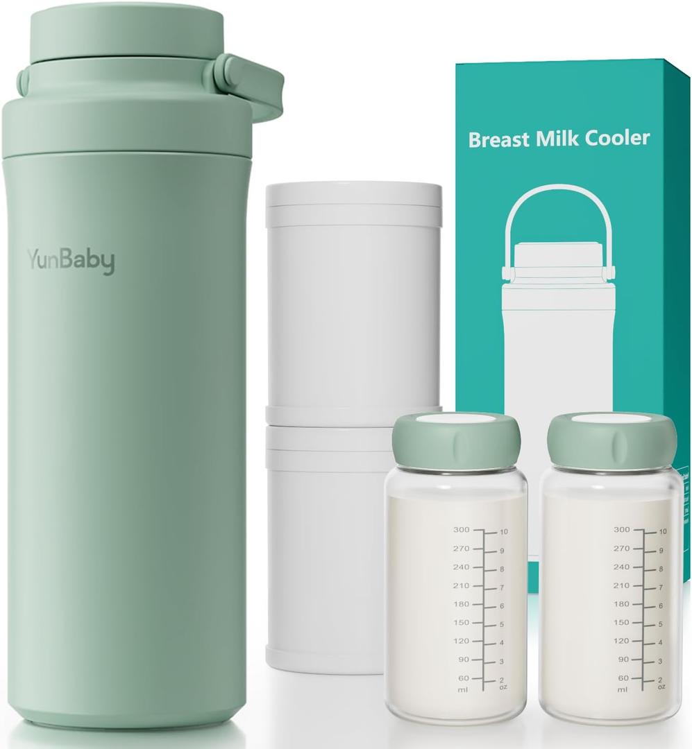 22oz Portable Breast Milk Cooler, Game-changer with 360 Total Cooling Gel Ice Pack for 30 Hours, Baby Travel Breastfeeding Essential Chiller with 2pcs Bottles for Breastmilk Storage(Green)