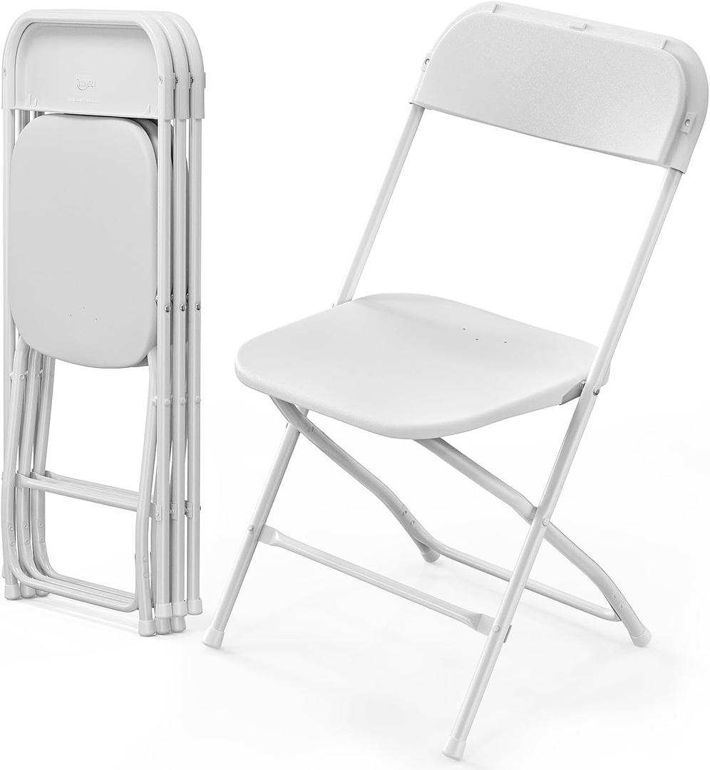 VINGLI 4 Pack White Plastic Folding Chair, Indoor Outdoor Portable Stackable Commercial Seat with Steel Frame 350lb. Capacity for Events Office Wedding Party Picnic Kitchen Dining (4 Pack, White)