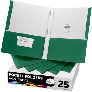 FILE-EZ Two-Pocket Folders with 3-Prong Fasteners, Green Color, 25-Pack, Durable Textured Paper, Matte Finish, Letter Sheet Size (EZ-92560)