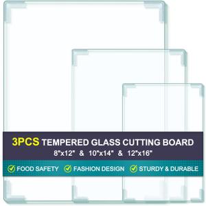 3Pcs Tempered Glass Cutting Board for Kitchen Counter, FAAYUCK Glass Cutting Board with Non-Slip Feet, Heat Resistant, Non-Slip, Scratch Resistant, Shatter Resistant (8"x12"&10"x14"&12"x16")