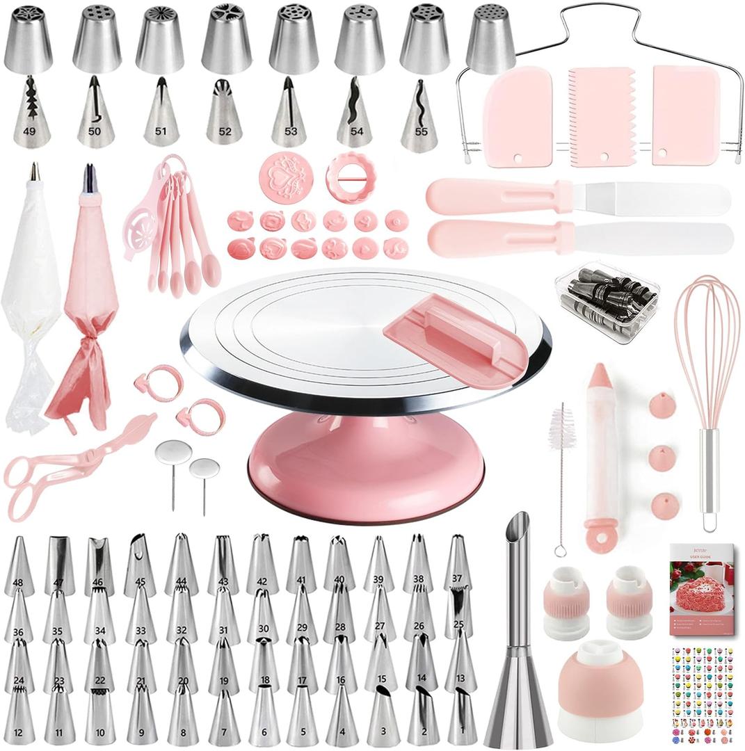 Cake Decorating Kit, 138pcs Cake Decorating Supply with Aluminium Cake Turntable, 64 Numbered Icing Piping Tips, 2 Spatulas, 3 Icing Comb Scraper and Leveller, 32 Piping Bags,cake decorating tool (Light Pink)