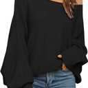 Mafulus Women's Oversized Crewneck Sweater Batwing Puff Long Sleeve Cable Slouchy Pullover Jumper Tops (Medium, 2-off Shoulde Black)