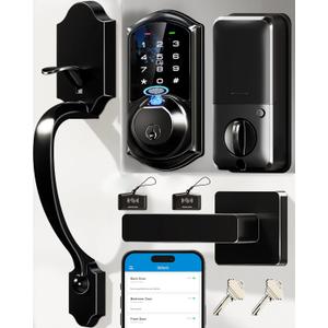 Veise VE07-H Fingerprint Smart Locks for Front Door with Handle Set, App Control, Keyless Entry Keypad Deadbolt, Digital Electronic Touchscreen, Easy Install, Auto Lock, Matte Black