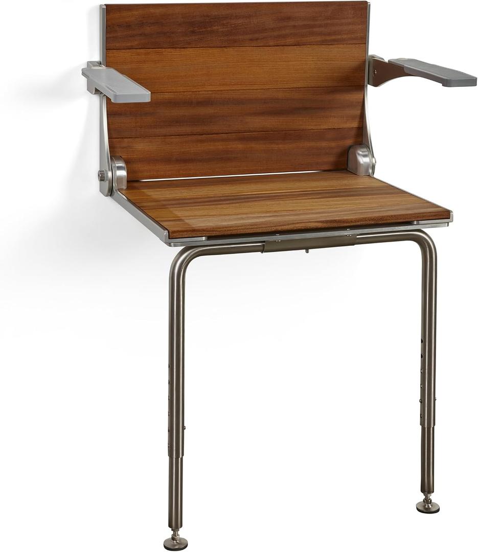 Silhouette Comfort Plus Folding Shower Seat with Armrests & Legs Heavy-Duty Wall-Mounted Shower Bench, Teak Wood Seat with Silver Frame