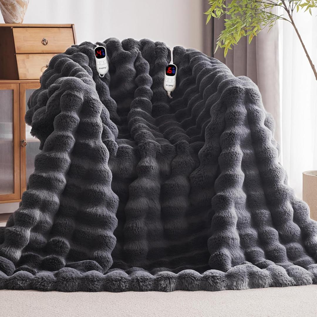 Anysay Heated Blanket King Size with 1/2/4/6/8 Hours AutoOff 10 Heat Level, 90'' * 100'' Cozy Faux Rabbit Fur Bubble Electric Blanket with Overheat Protection(Dark Grey)
