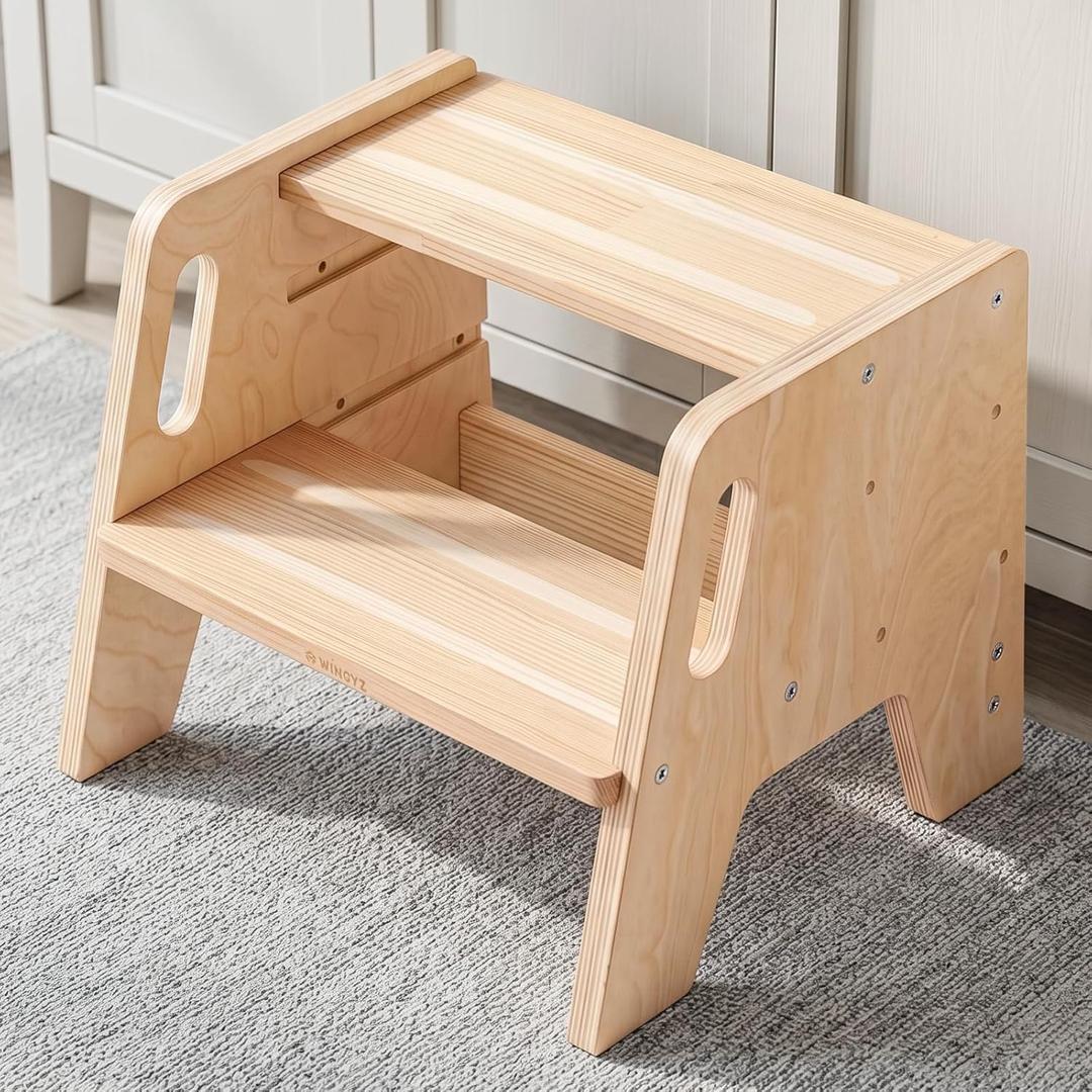 WINGYZ Toddler Step Stool, 3-Height Adjustable Wooden Stool for Kids, FSC & ASTM Birch Marine Plywood, 200lb Capacity, Bathroom Sink Independence, Kitchen Potty Training, Natural Wood