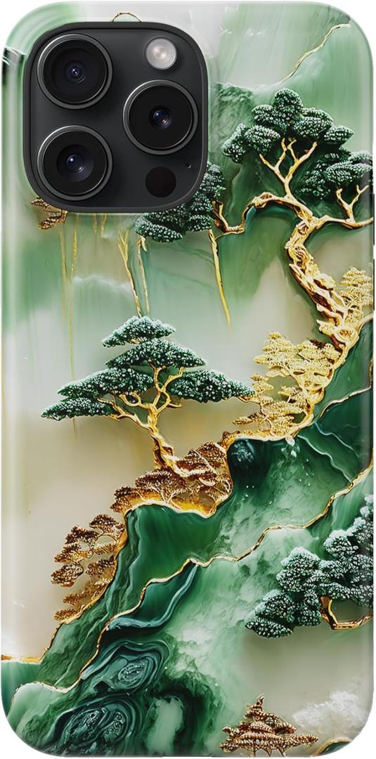 DorisMax for iPhone 16 Pro Case - Wireless Charging Compatible - Dual-Layer Hard Shell + Silicone Cover - Shockproof Protective Phone Case with Stylish Designs for Women - Gold Inlaid Jade Carving