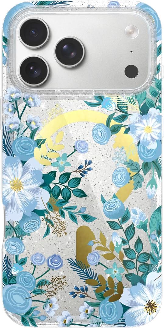 LONLI Hue - for iPhone 17 Pro Magnetic Case - [Compatible with Magsafe] - [Gold Ring] - Clear Cute Shockproof Protective Phone Cover for Girls and Women - Blue Flora (Azure Bouquet)