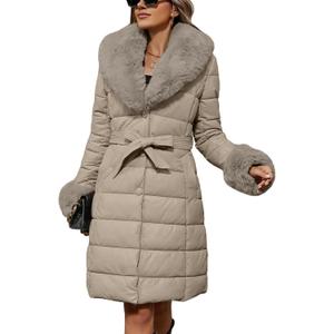 Bellivera Women's Winter Puffer Jacket Cold-Resistant Patchwork Plush Lining Coat with Removable Fur Collar Hooded and Belted (Medium, Beige 13)