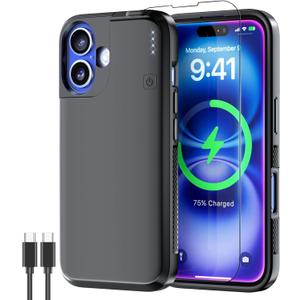 NEWDERY Upgraded Battery Case for iPhone 16, 5000mAh USB C Portable Power Bank, CarPlay, Sync-Data Supported, Rechargeable Charger Case Compatible with iPhone 16 6.1", Black