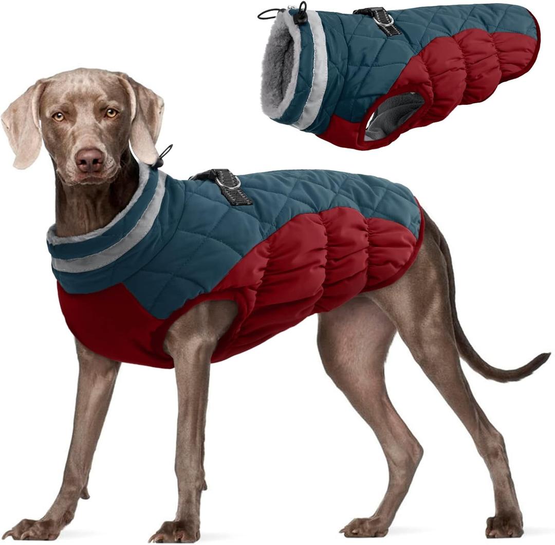 FUAMEY Dog Coat for Dogs,Waterproof Dog Winter Jacket with Harness Built in Puppy Cold Weather Coats Reflective Pet Vest with Zipper Warm Fleece Dogs Snowsuit Windproof Dark Blue XXL (XXL(chest:35in))