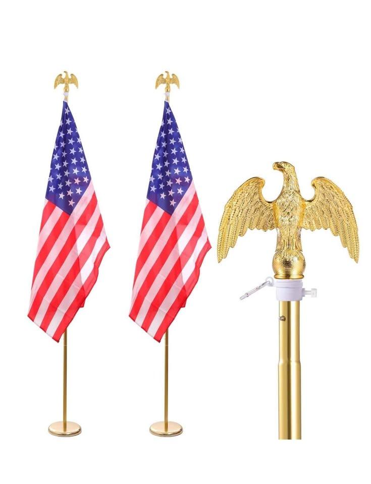 Hooomyai 2 Pack 8FT Indoor Flagpole Kit, Deluxe Gold Eagle Topper Sectional Flag Pole with Base Stand, Premium Aluminum Pole Heavy Duty Flag Pole with 3x5Ft US Flag for Schools, Office, Hall