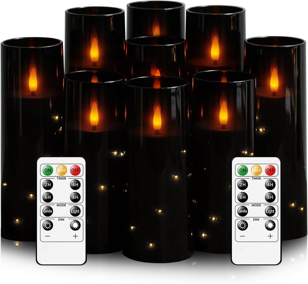Flameless LED Candles with Timer 9 Pc Flickering Flameless Candles for Romantic Ambiance and Home Decoration Stable Acrylic Shell,with Embedded Star String,Battery Operated CandlesBlack