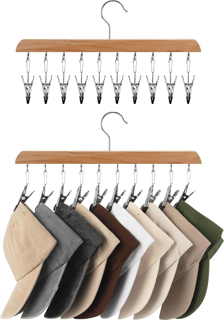 StorageWorks Hat Rack, Closet Organizer and Storage for Baseball Caps,Set of 2 with 10 Adjustable Stainless Steel Clips, Fits All Caps, Natural Wood Color (14"W x 7.5"H)