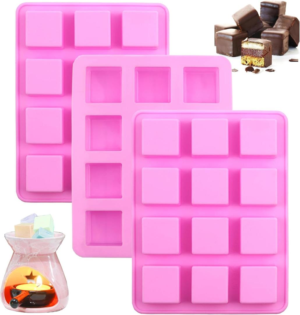 Wax Melts Molds Silicone3 Pcs 12-Cavities Square Silicone Molds for Scented Soy Wax Melts, Candle Making, Baking Chocolate Truffles, Candy, Jelly, Ice Cube Tray