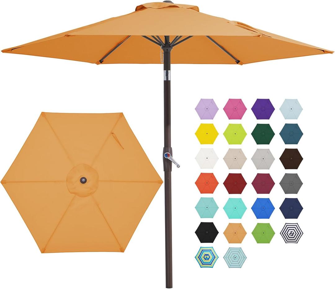 JEAREY 7.5FT Patio Umbrella Market Table Umbrella with 6 Sturdy Ribs, Push Button Tilt/Crank Outdoor Umbrella for Garden, Deck, Backyard, Pool and Beach,Tropical Orange
