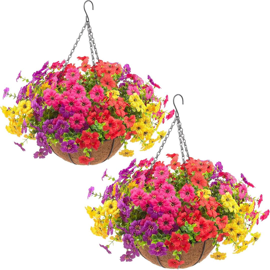 Hananona 2 Set Artificial Outdoor Flowers with Hanging Basket, 2 Hanging Planters with 24 Pcs Flowers for Spring Summer Front Porch Garden Patio Home Decor (2, Red, Purple, Yellow, Rose Red)