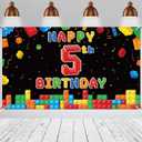 Panelee Building Block Birthday Banner Building Blocks Party Backdrop Decoration Happy Birthday Banner Photography Background for Party, 72.8 x 43.3 Inch(Black,5th)